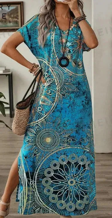 Women's Vintage Floral Print V-Neck Batwing Sleeve Casual Summer Dress Maxi Women Dresses Long Dress - EX-STOCK CANADA