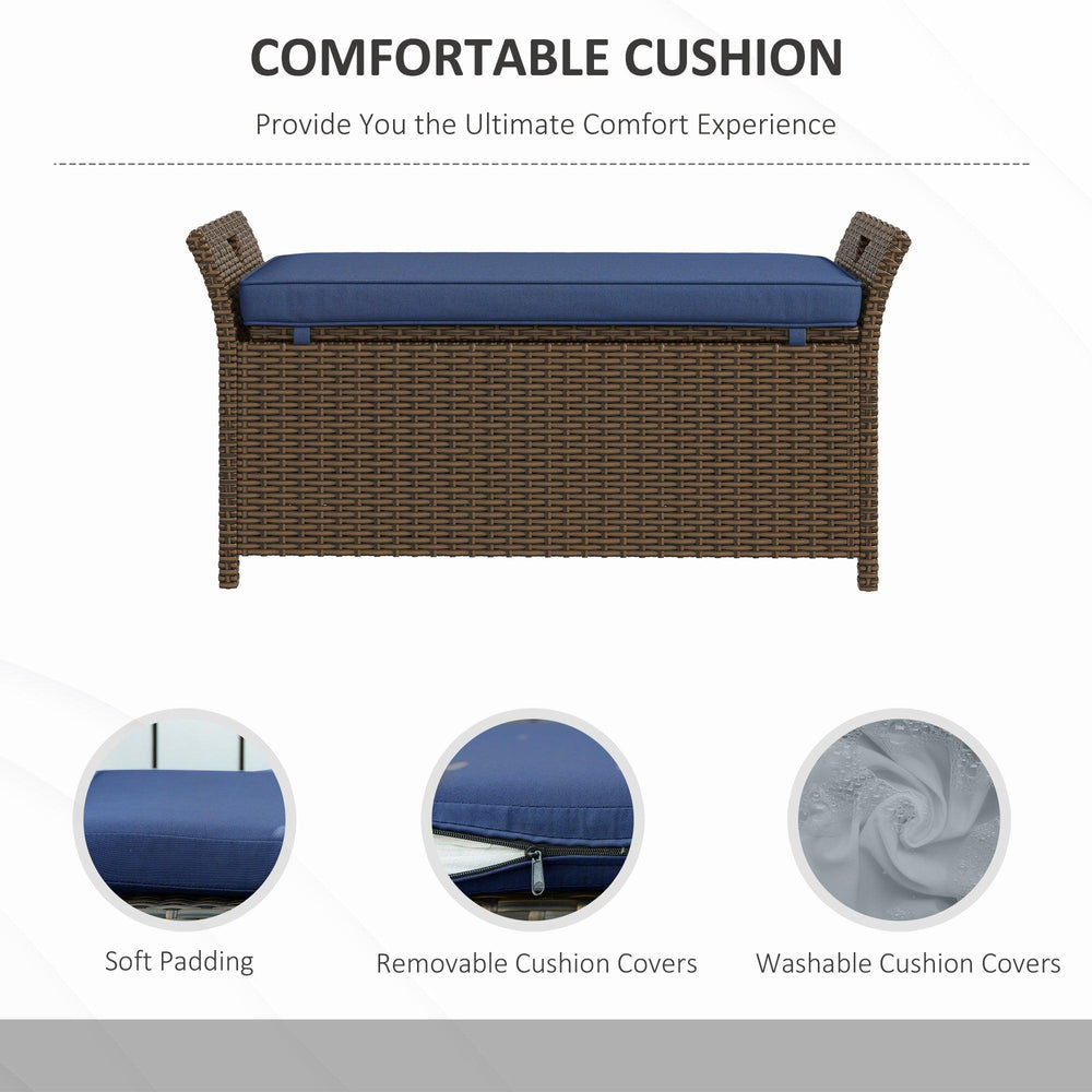 Outdoor-Patio-Rattan-Aufbewahrungsbank, 2-in-1 Rattan-Gartenmöbel, 29 Gallonen Aufbewahrungsbox mit Kissen, DunkelblauEX-STOCK Canada