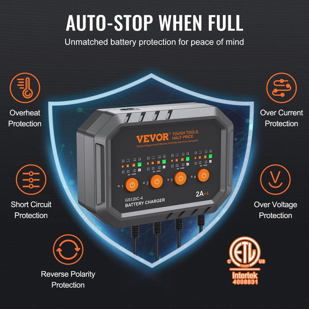 Caricabatterie Intelligente VEVOR, 8 Amp, Caricabatterie per Batterie Auto LiFePO4 e Piombo-Acido, Caricabatterie Completamente Automatico con Funzione di Mantenimento e Desolfatazione per Barche, Moto, Rasaerba, Golf Cart, Marine e Batterie a Ciclo ProfondoEX-STOCK Canada