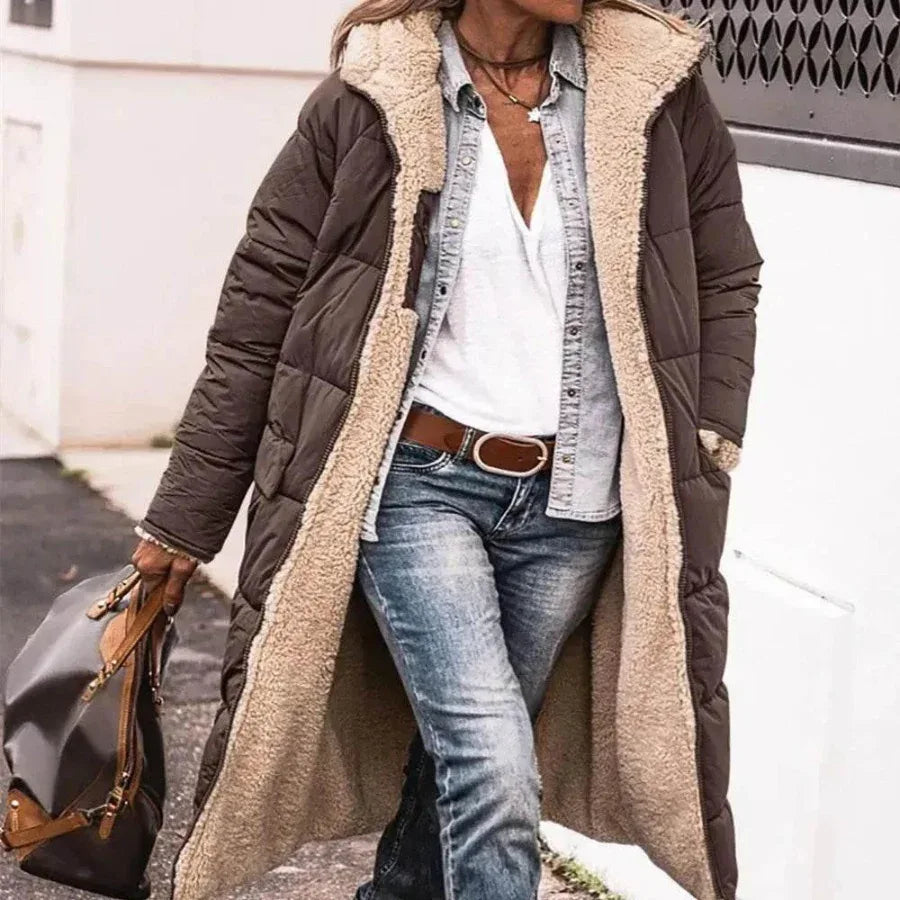 معطف شتوي مبطن بالصوف بطول طويل مع غطاء رأس للنساء - EX-STOCK Canada