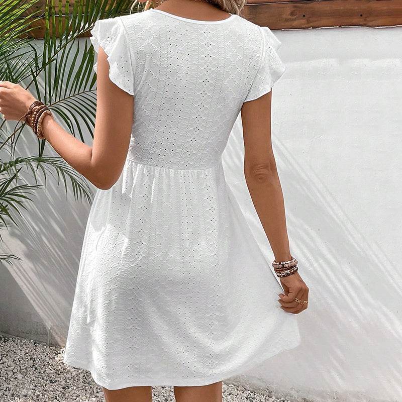 Women's V Neck Lace Mini Dresses Casual Summer Ruffle Sleeve Crochet Sundresses - EX-STOCK Canada