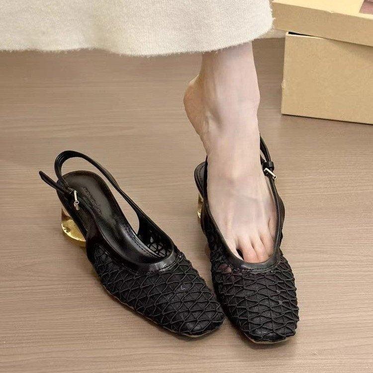 2025 Französische Retro Mary Jane Sandalen für Damen mit eckiger Spitze, Mesh, durchlochtenem Blockabsatz