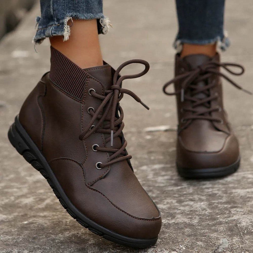 Round Toe Lace-up Ankle Boots Fall Winter Fashion Versatile Non-slip Flat Shoes Retro Western Cowboy Ankle Boot For Women - EX-STOCK Canada