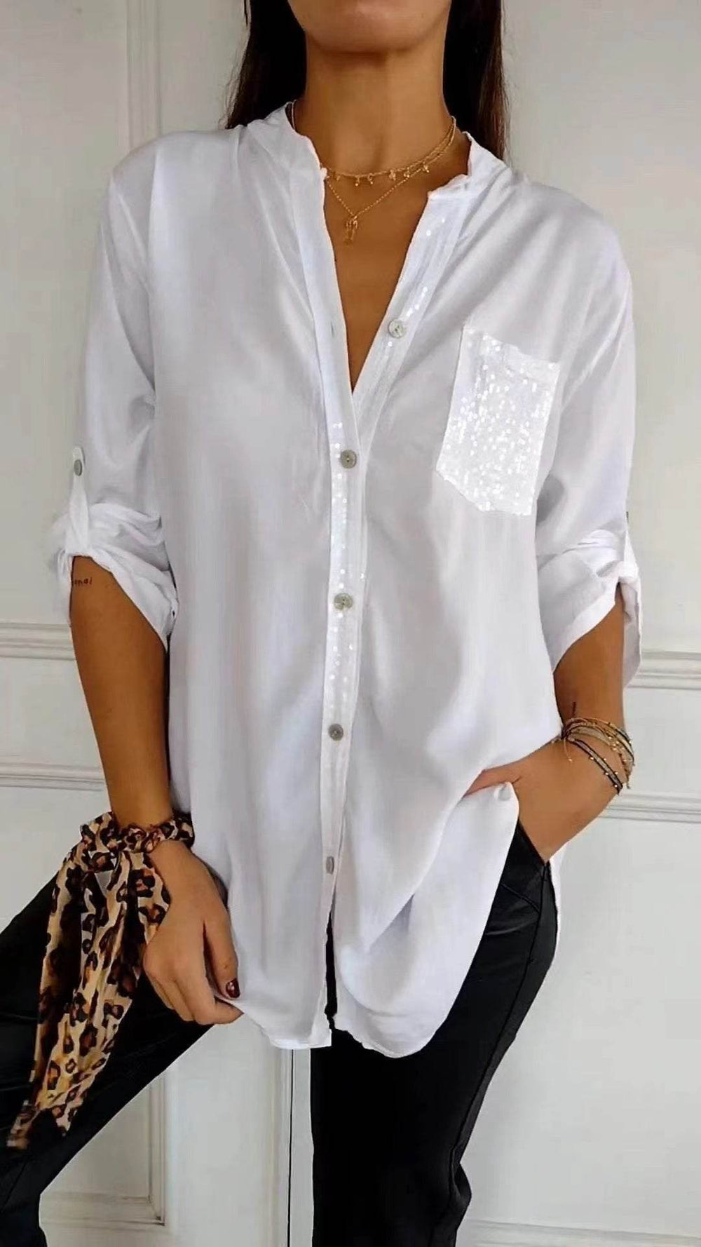 Casual Button-down Long Sleeve Shirt With Sequin Pocket Design Fashion Commuter Top Women Clothing - EX-STOCK Canada