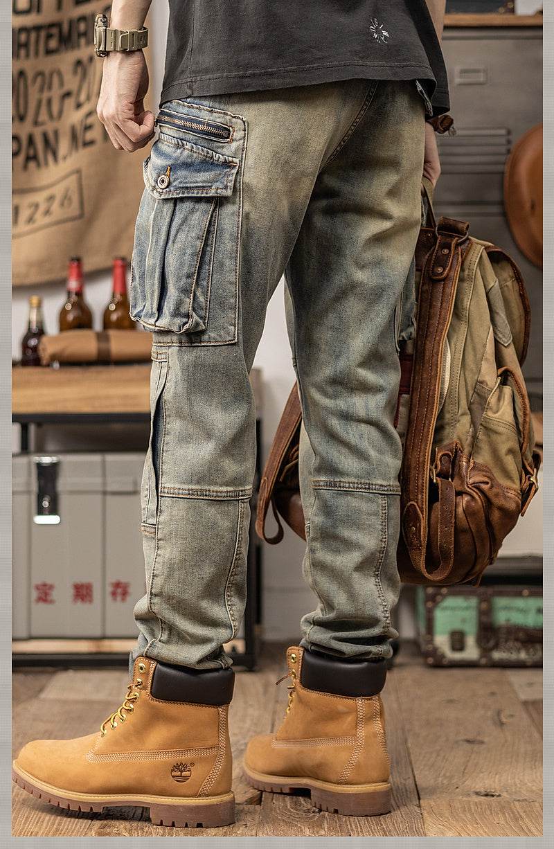 Sprin Autumn Retro Slim Fit Straight Leg Casual Distressed Denim Jeans Cargo Pant Men - EX-STOCK Canada
