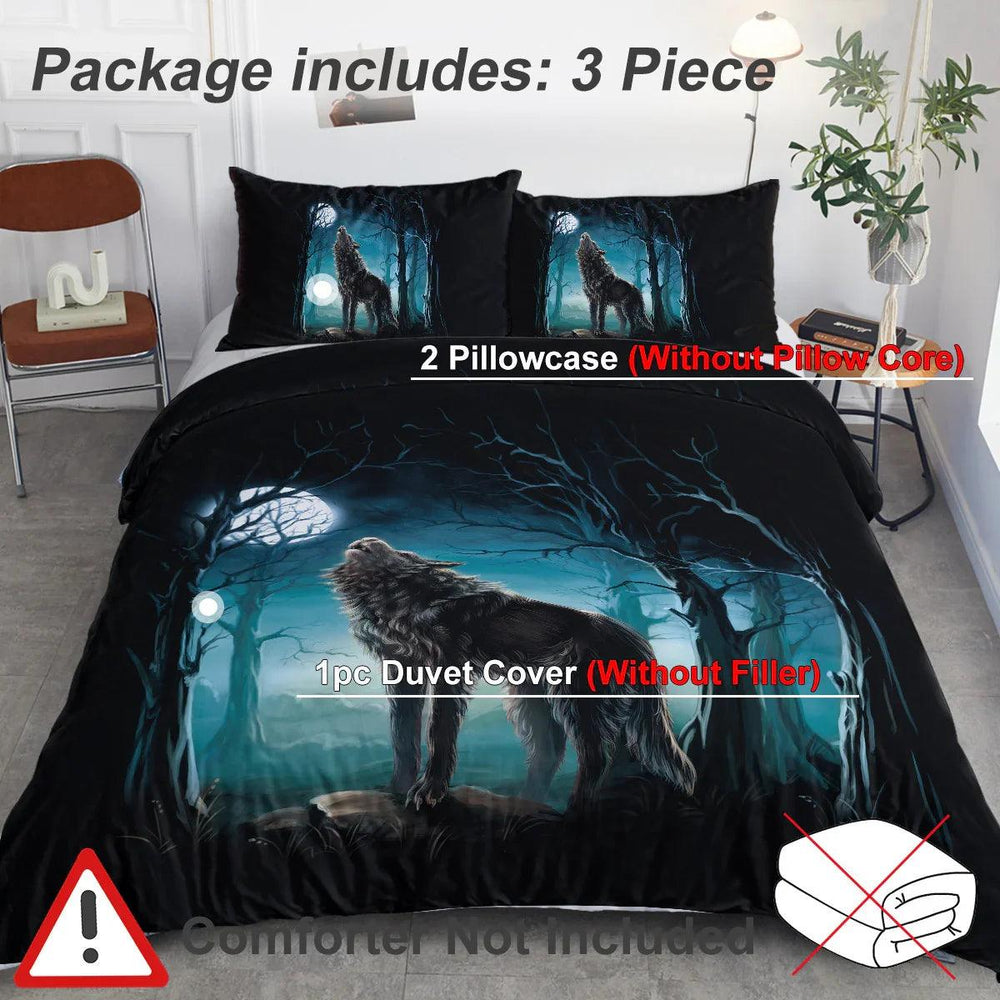 Linge de lit Moon Wolf Vert Aquarelle Forêt Paysage Loup Housse de Couette Ensemble 3 Pièces Ensemble de literie Animaux Sauvages Taille Simple Double Queen KingEX-STOCK Canada
