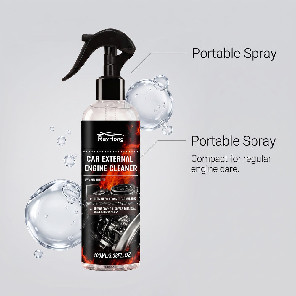RayHong Car External Engine Cleaner in a portable spray bottle, shown with graphic text callouts and water droplets on a light gray background.