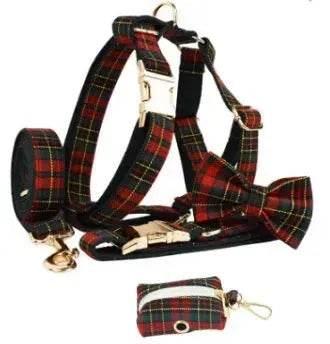 Christmas Pet Collar Plaid With Green Background Dog Rope Leash Suit - EX-STOCK Canada