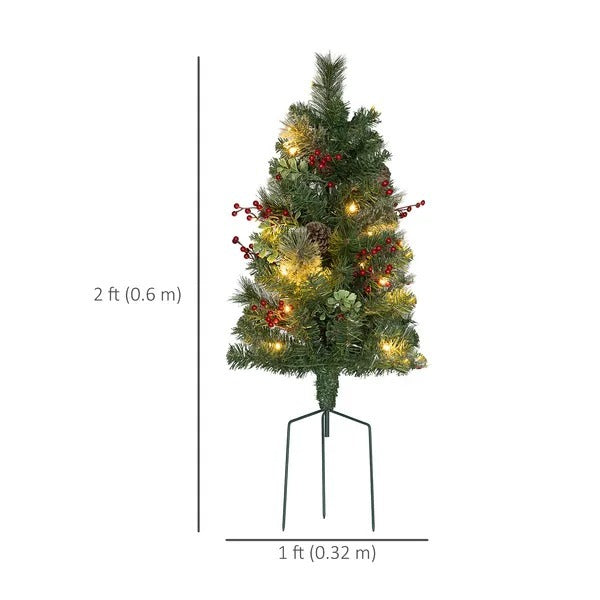 2ft 2 Pack Artificial Christmas Tree, Pre Lit Christmas Tree With Red Berries And Pine Cones, Battery Operated, Green EX-STOCK Canada