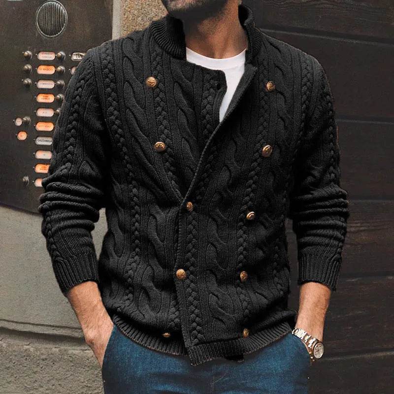 Men's Pure Color Half Collar Double-breasted Knitted Sweater Coat - EX-STOCK Canada