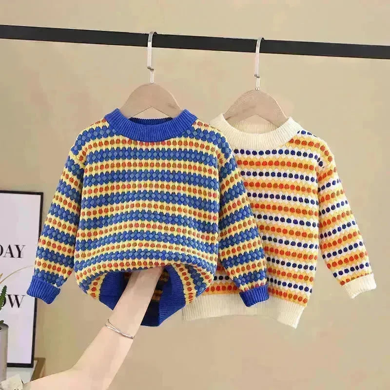 Children Rainbow Stripes Baby Round Neck Pullover Sweater Kids - EX-STOCK CANADA