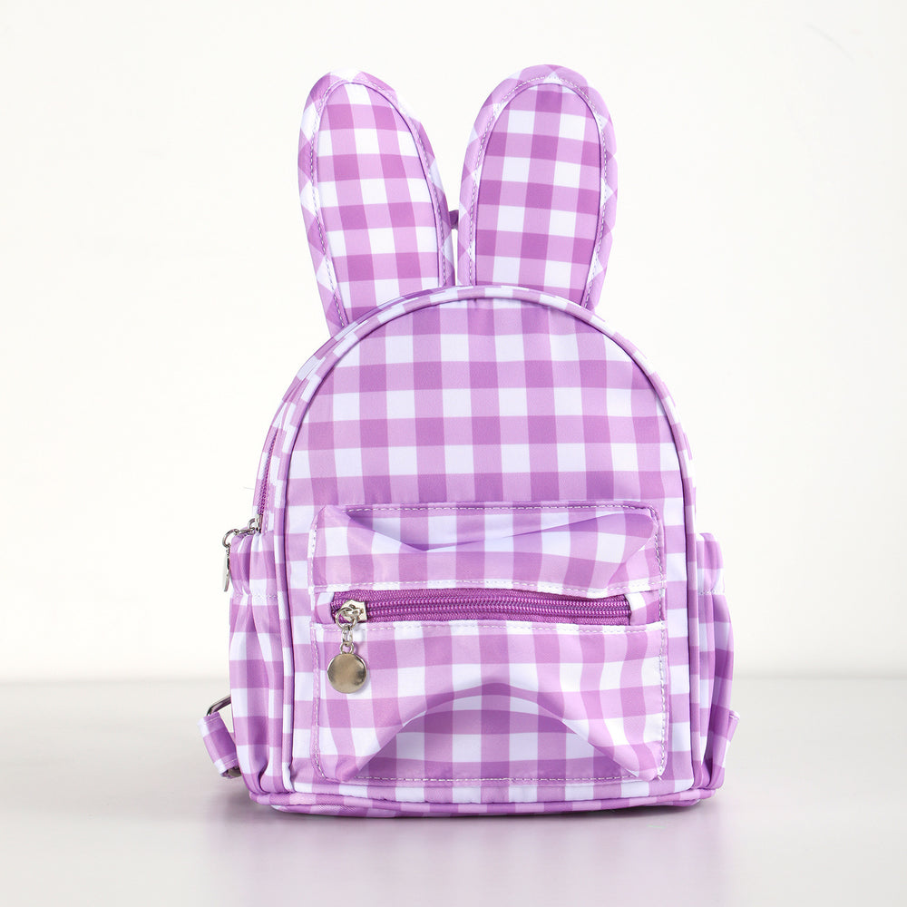 Purple gingham backpack with bunny ears on a white background