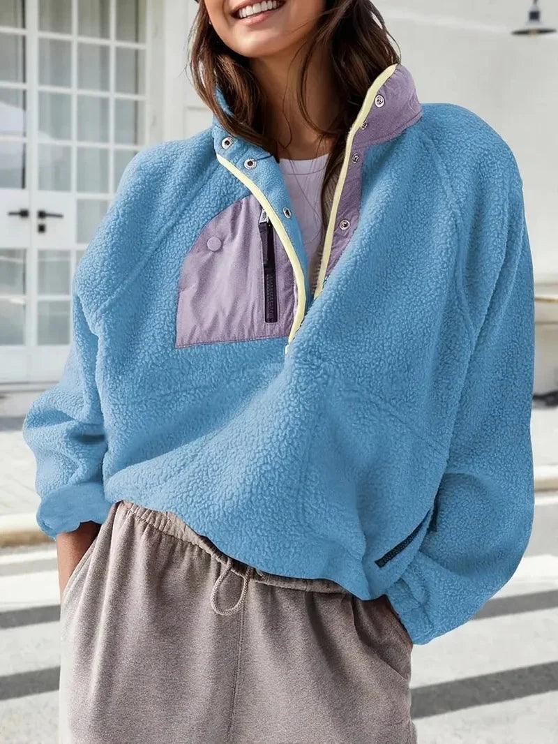 Women's Fashion Sweatshirt Fleece Stand Collar Zipper Pocket Top EX-STOCK Canada