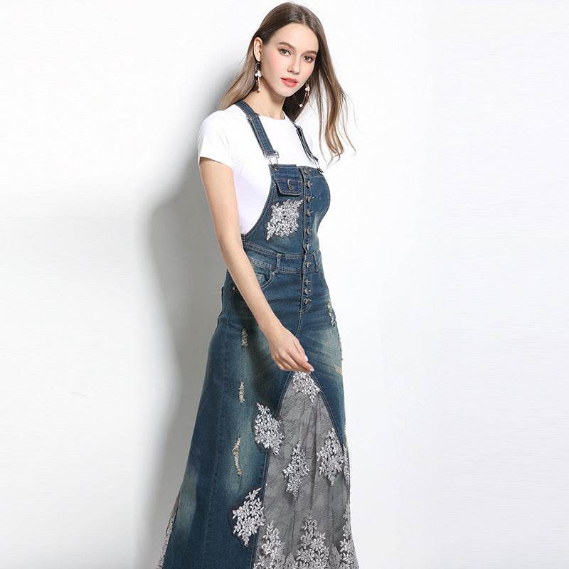 Embroidered Lace Denim Midi Jumper Dress European and American Style - EX-STOCK Canada