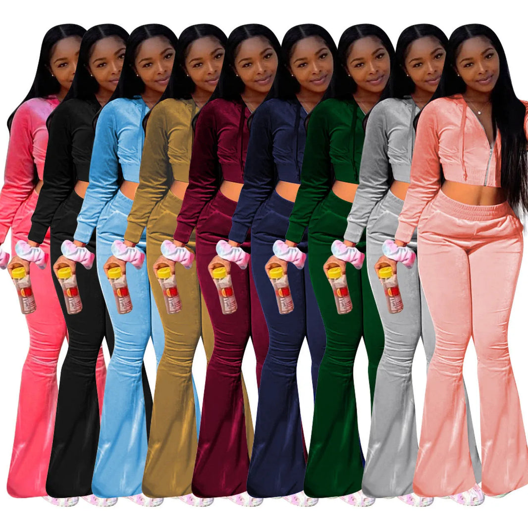 Women 2pcs Velvet Hoodie Wide leg Pant sweatsuit Athleisure Outfit