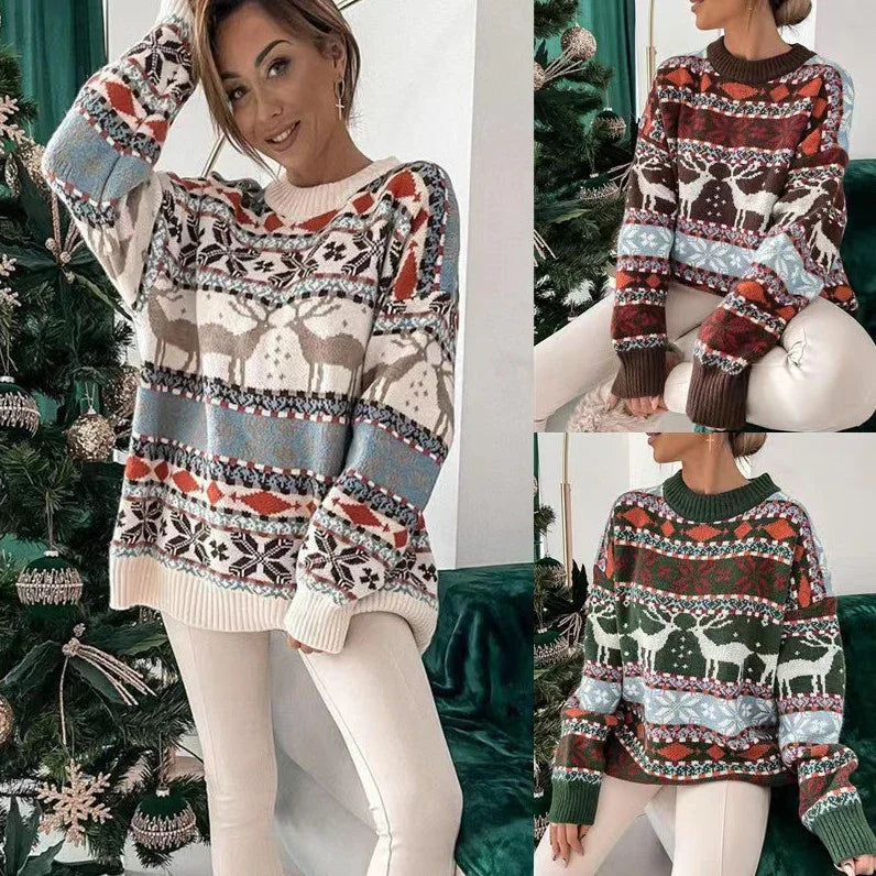 Women's Fashion Round Neck Loose Christmas Theme Jacquard Long Sleeve Sweater EX-STOCK Canada