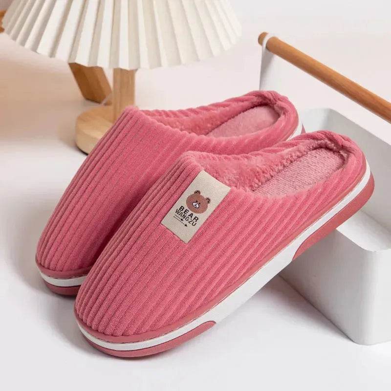 Solid Color Striped Slippers For Women Thick-soled Anti-slip Indoor Warm Plush Home Shoes Couple Women Men Slipper Winter - EX-STOCK Canada