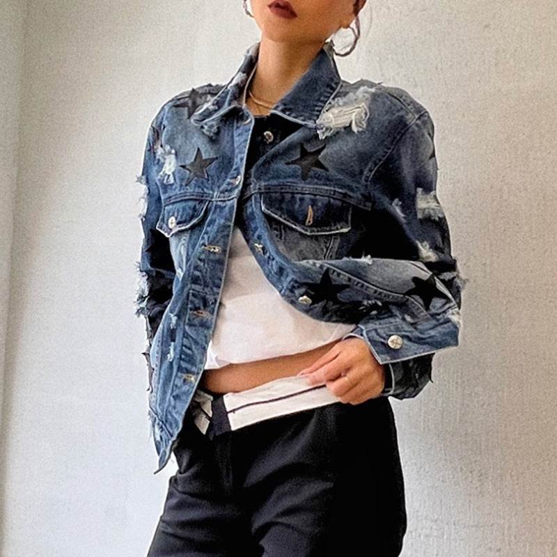 Lapel Star Patch Shredded Single Breasted Denim Jacket For Women - EX-STOCK Canada