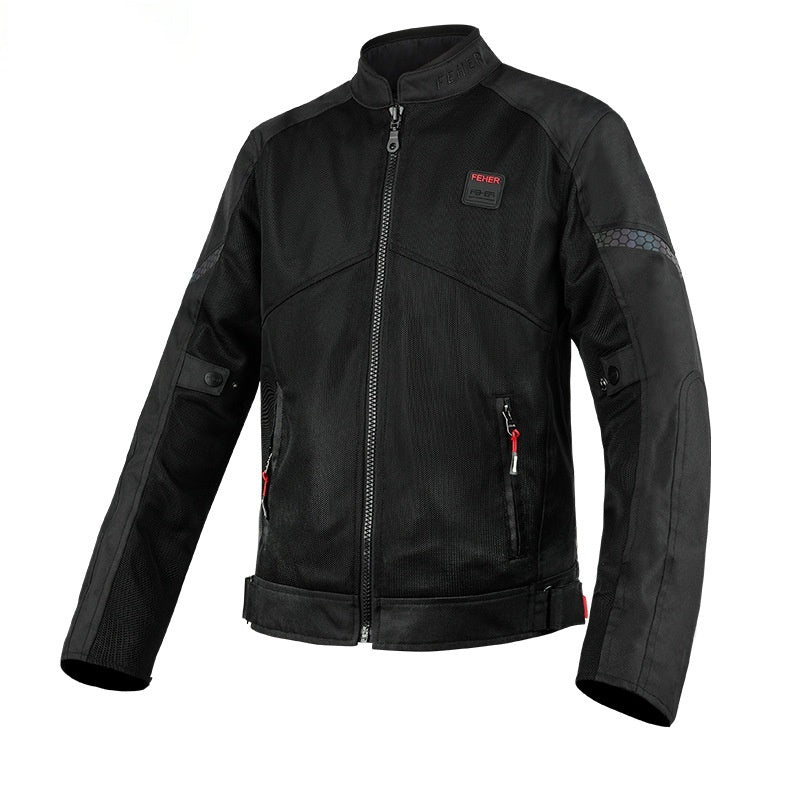 Black motorcycle jacket with brand logo on a white background