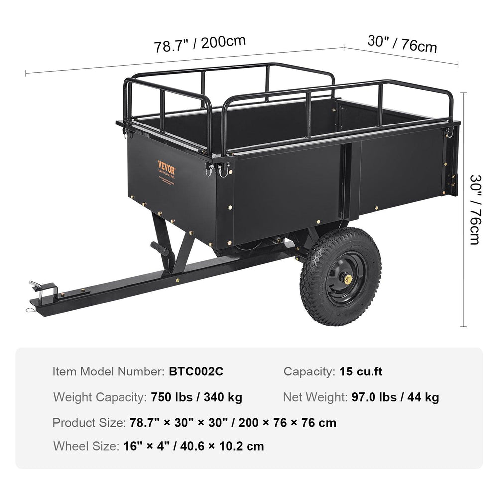 Remorque à benne en acier VEVOR pour VTT, 750 livres 15 pieds cubes, remorque utilitaire de jardin avec côtés amovibles pour tracteur tondeuse autoportéeEX-STOCK Canada