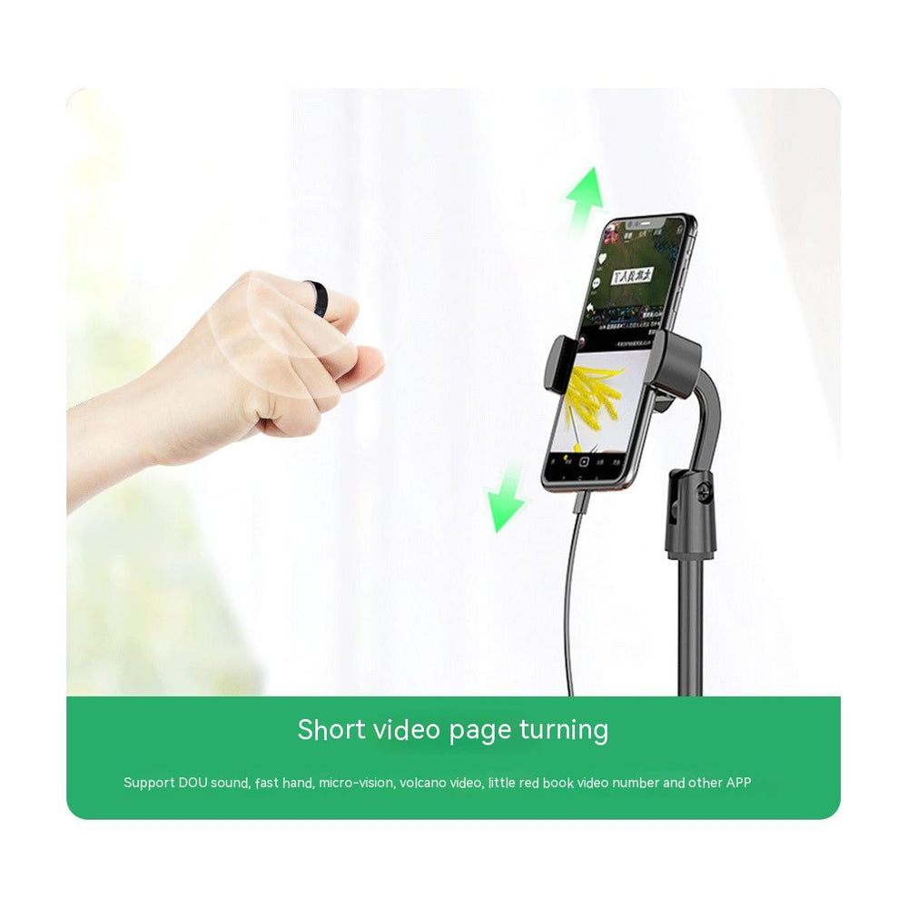 Hand holding a smartphone with a stand and screen displaying a video app on a white background.
