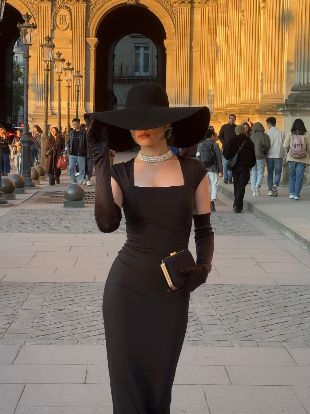 Women's Black Square Neck Midi Wrap Dress with Opera Gloves – Elegant Slim Fit