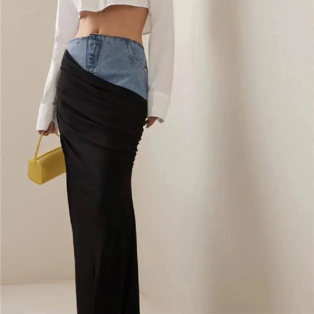 Fashion Black Panel Long Pencil Denim Skirt - EX-STOCK CANADA