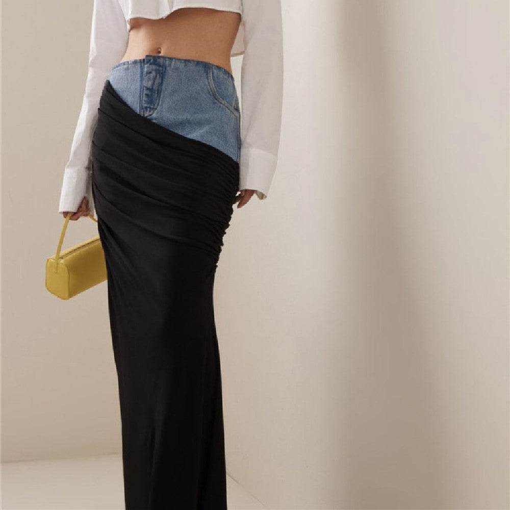 Fashion Black Panel Long Pencil Denim Skirt - EX-STOCK Canada