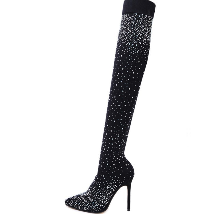 Bottes cuissardes à talons aiguilles pour femmes – Bout pointu, chaussette en mesh scintillant, talons très hauts