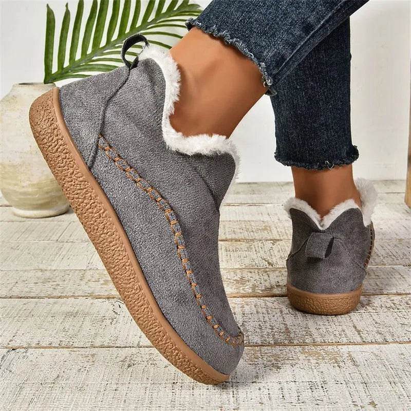 Fashion V-cut Plush Ankle Boots Winter Plus Velvet Flat Snow Boot Casual Warm Solid Suede Cotton Shoes For Women - EX-STOCK Canada