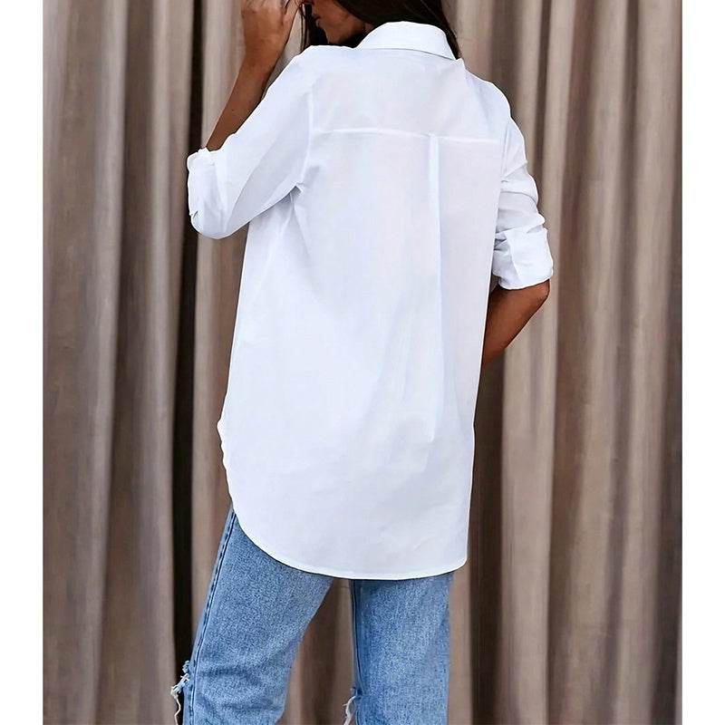 Women's Casual Long Sleeve Button-Down Shirt With Roll-Up Sleeves, Stylish Mid-Length Blouse For Everyday Wear - EX-STOCK Canada