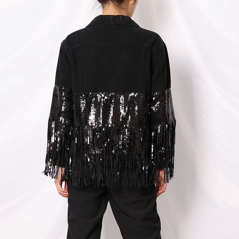 Lapel Pocket Heavy Industry Sequins Tassel Loose Ripped Denim Jacket Women - EX-STOCK Canada