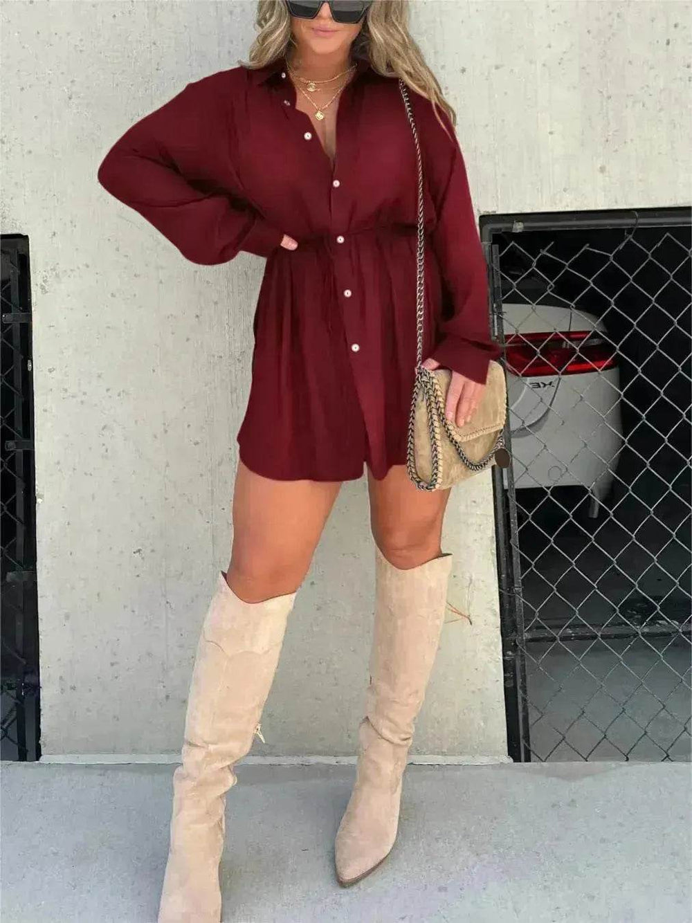 Elegant Women's Long Sleeve Button down Shirt Dress Fashionable Short Outfit Set Two piece Suit Set - EX-STOCK Canada