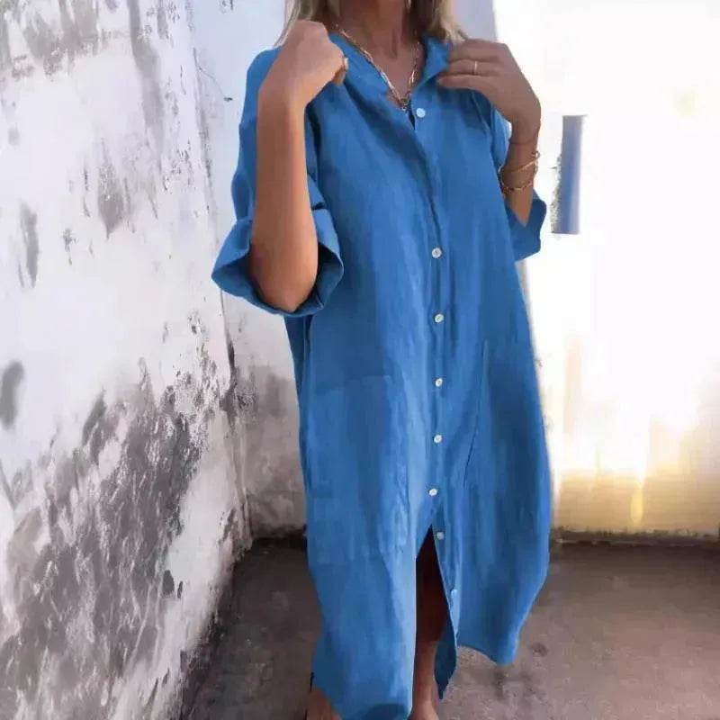 Women Loose Casual Half Sleeve Cotton Linen Buttoned down Shirt Dress - EX-STOCK Canada