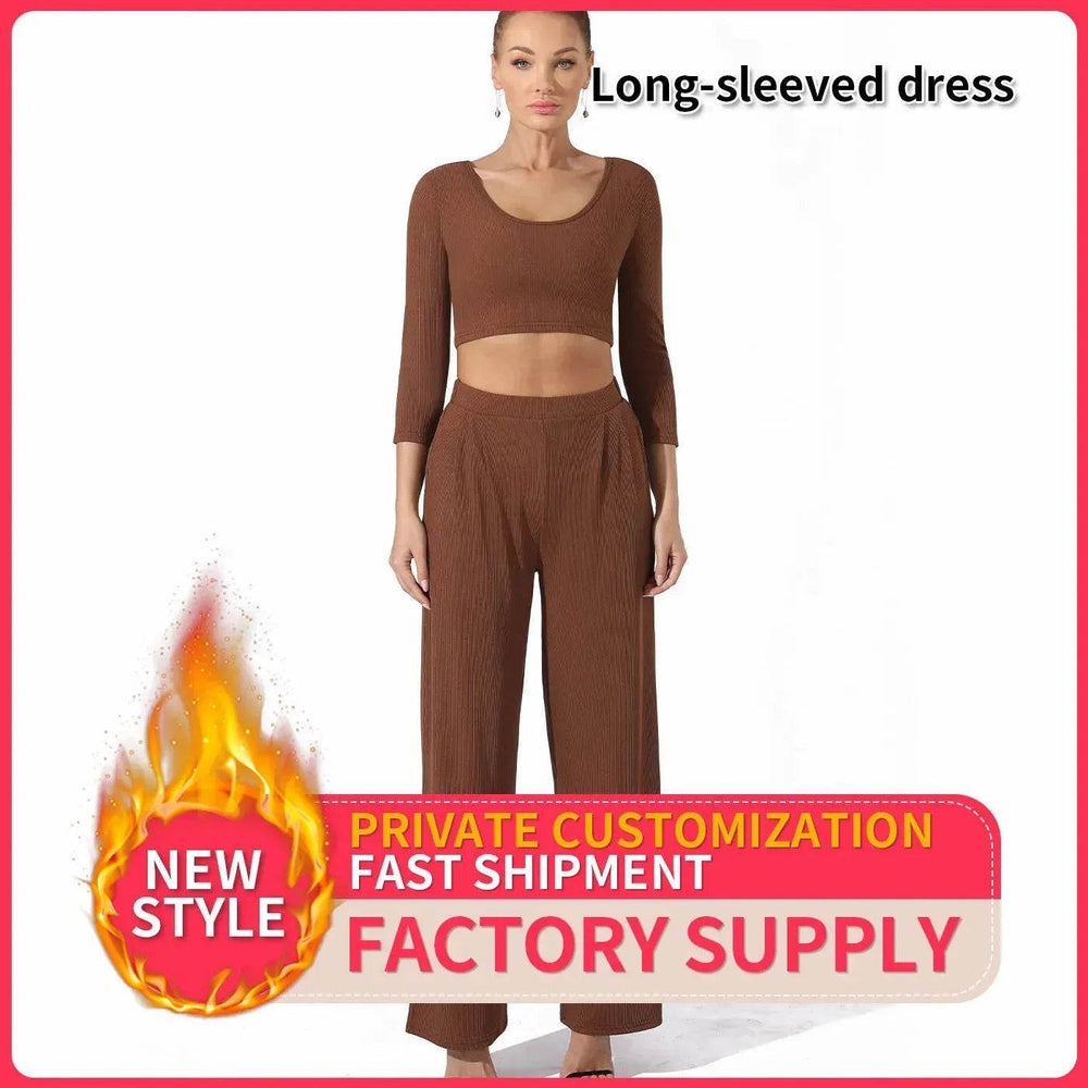 Women Fashion Casual Matching 2pcs set Long Sleeve Crop top and Pant set - EX-STOCK Canada