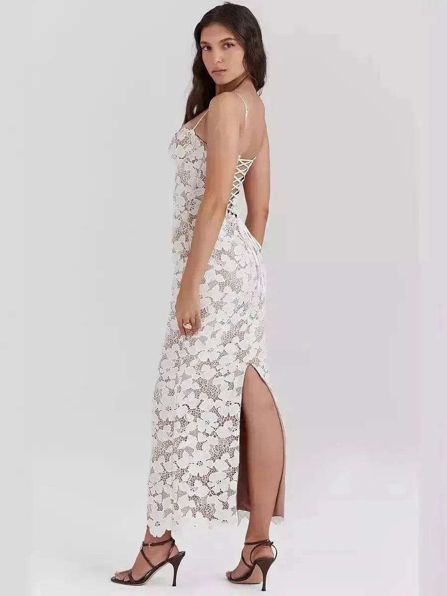 White Lace Wedding Dinner Party Cocktail Bodycon Spaghetti Strap Split Long Dress - EX-STOCK Canada