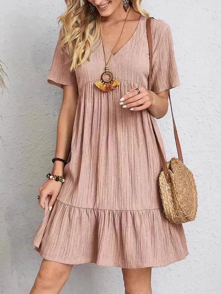 Summer Beach V-neck Dresses Women's Loose Casual Short-sleeved Loose Skater Dress for Chic Ladies - EX-STOCK Canada