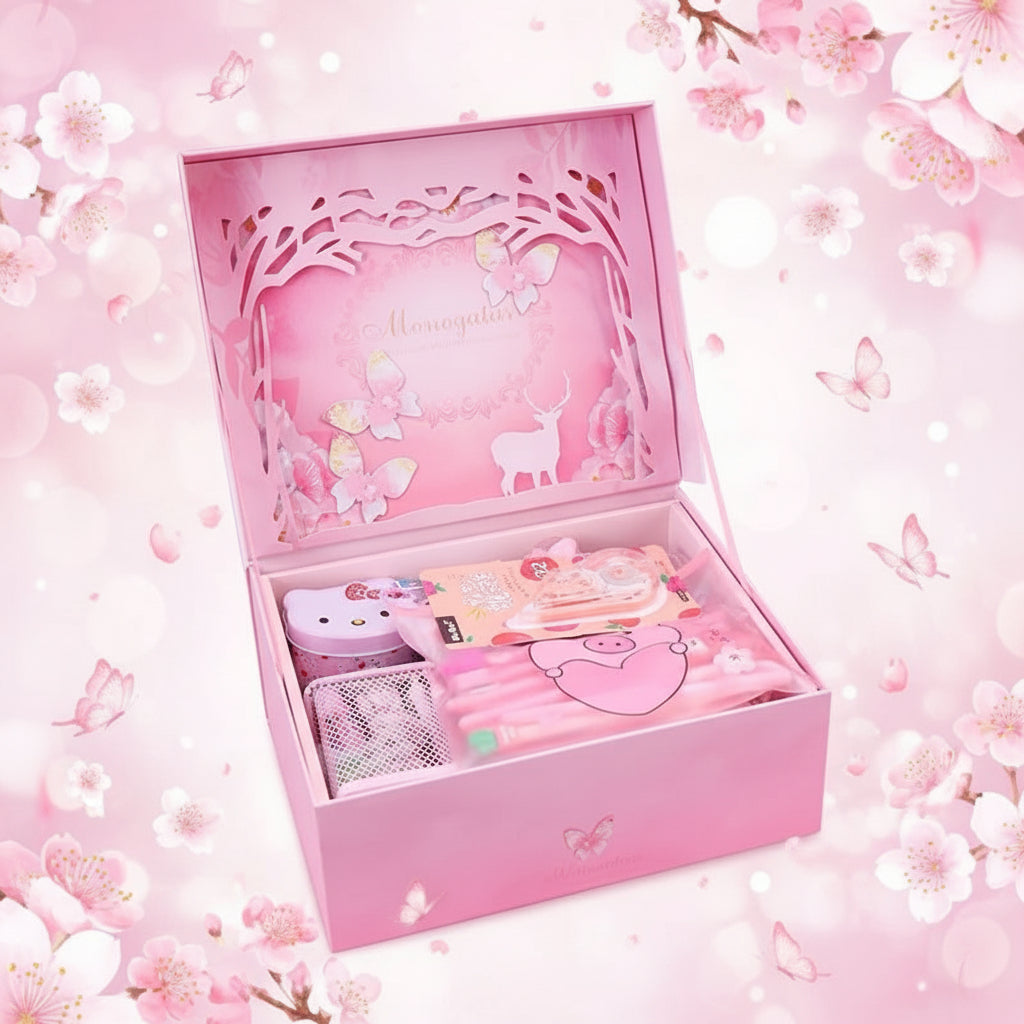 Pink gift box with stationery items on a white background