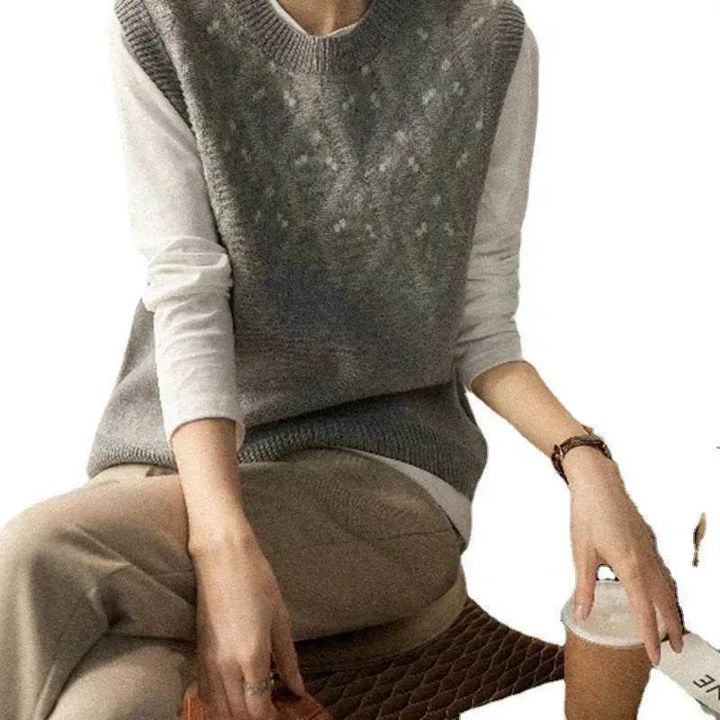 Cashmere Jacquard Sleeveless Round Neck Knitted Sweater Vest for Women - EX-STOCK Canada