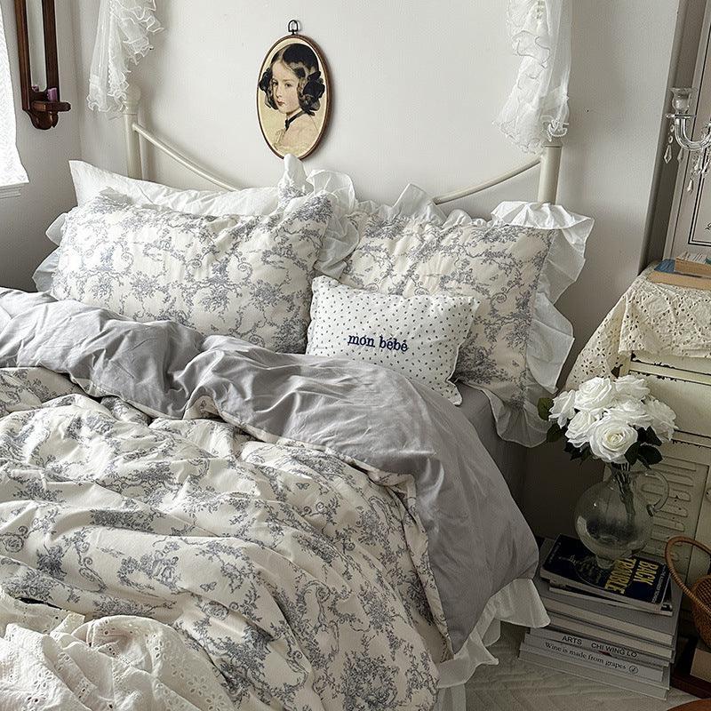 Princess Style Ruffled Pure Cotton French Floral Minimalist Bed Sheet Duvet Cover Bedding EX-STOCK Canada