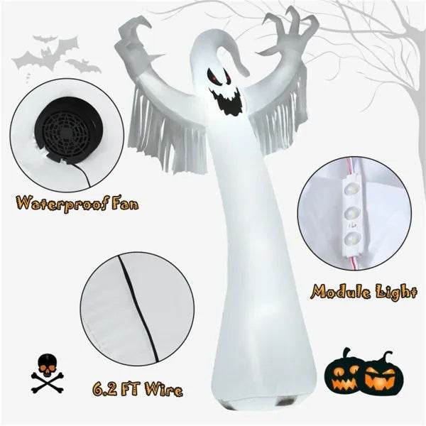 Spooky Halloween Inflatable Ghost - 12 Ft Tall With LED Lights, Waterproof Fabric, Spikes Ropes For Stability, White - EX-STOCK Canada
