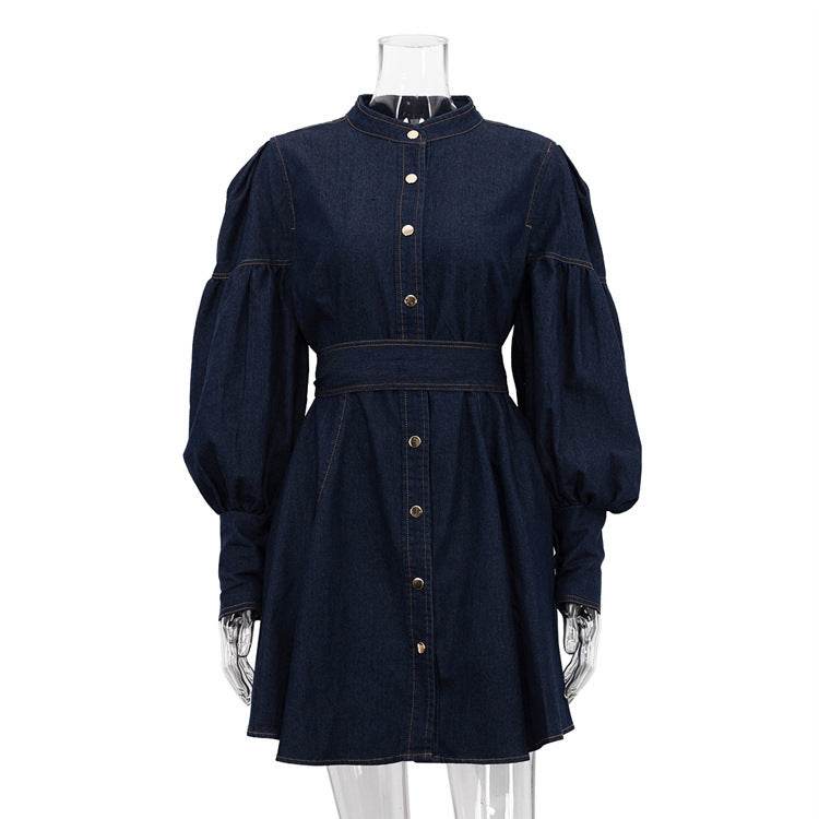 Classy Fashion Lantern Sleeve Button down Denim Shirt flared Mini Dress - EX-STOCK Canada