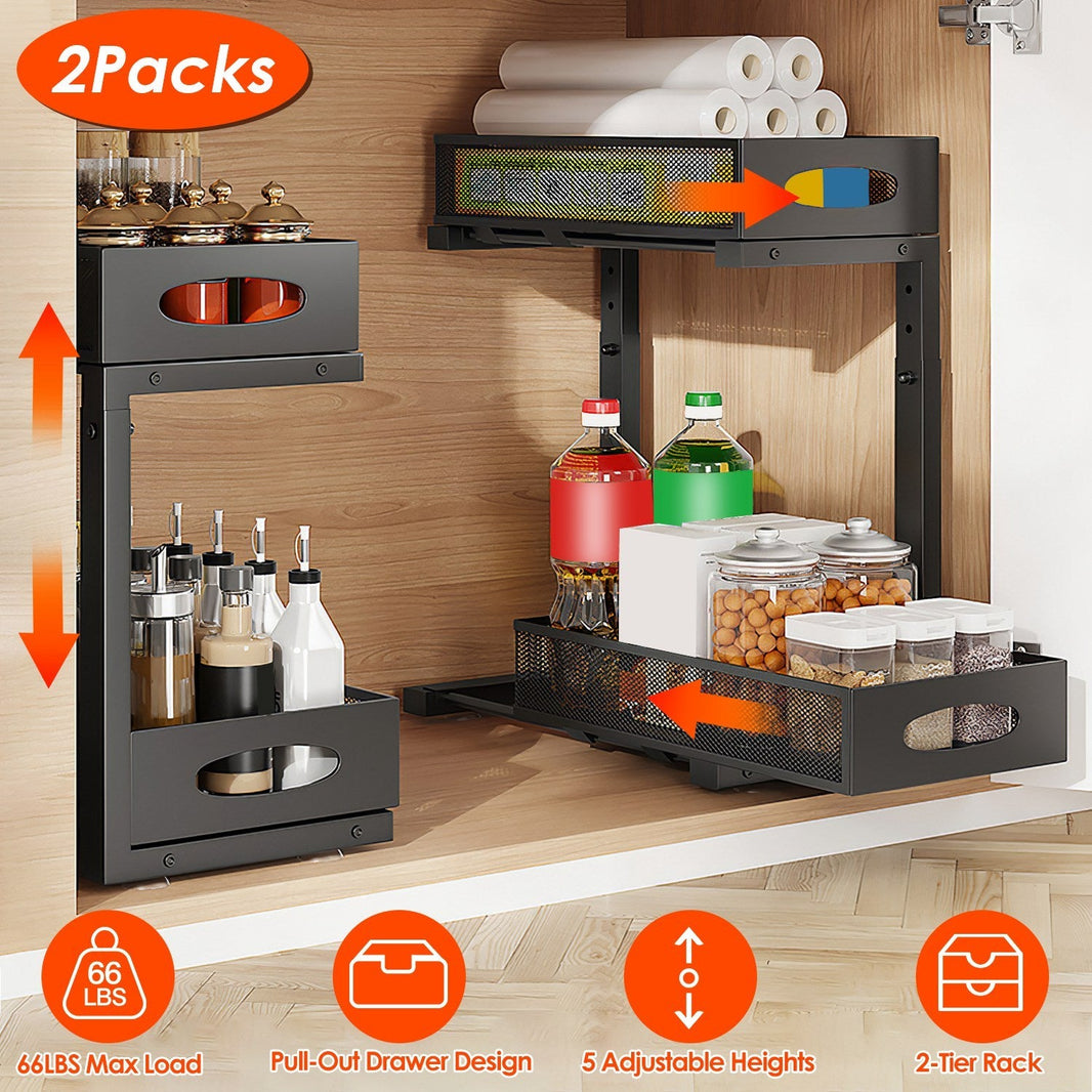 2Pcs Under Sink Organizer 2 Tier Pull Out Cabinet Baskets Storage Shelf Sliding Storage Drawers Rack With 5 Adjustable Height Mesh Baskets For Home Kitchen Bathroom Office EX-STOCK