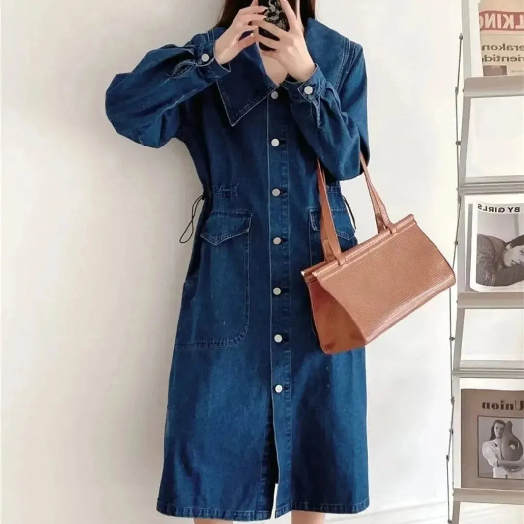 New Long Sleeve Button loose Denim Midi Dress Women - EX-STOCK CANADA