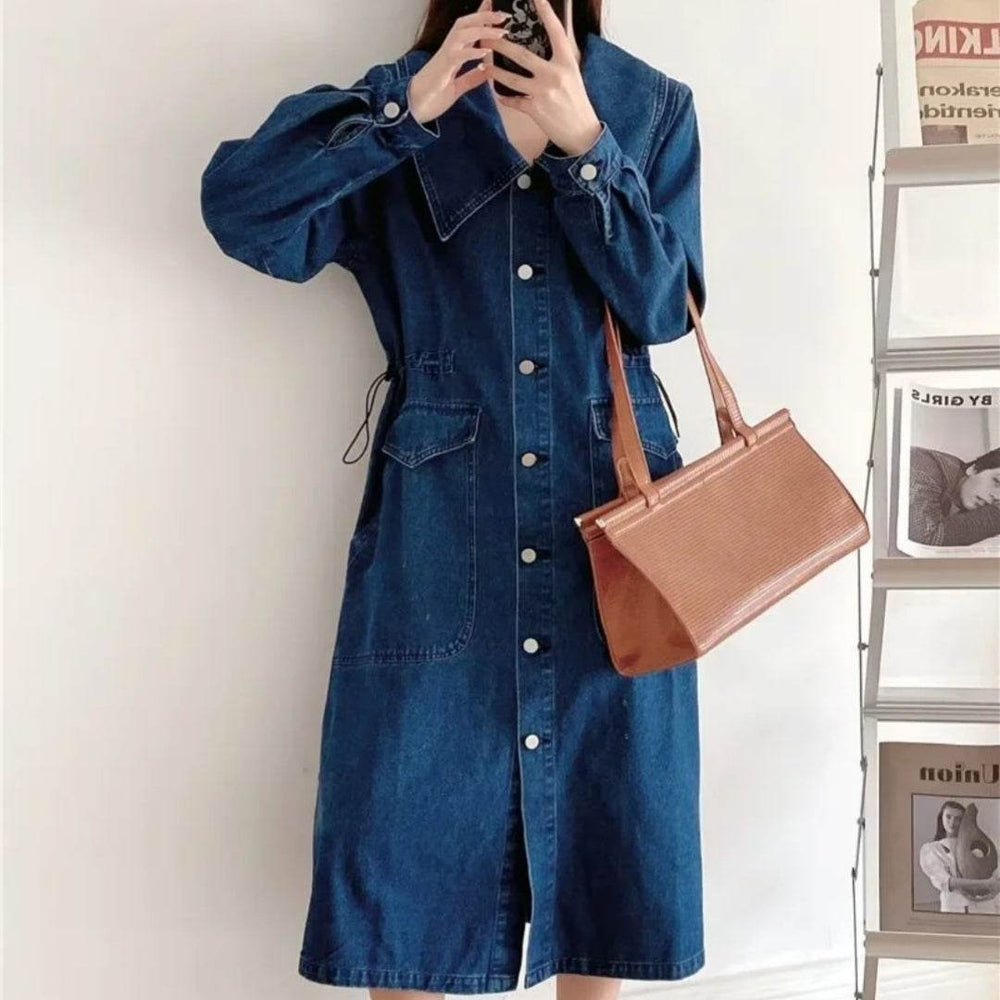 New Long Sleeve Button loose Denim Midi Dress Women - EX-STOCK Canada