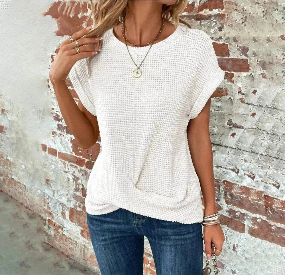 Casual Summer Short-sleeved Waffle blouse Top Summer New Solid Color Casual Evening Top For Women - EX-STOCK Canada