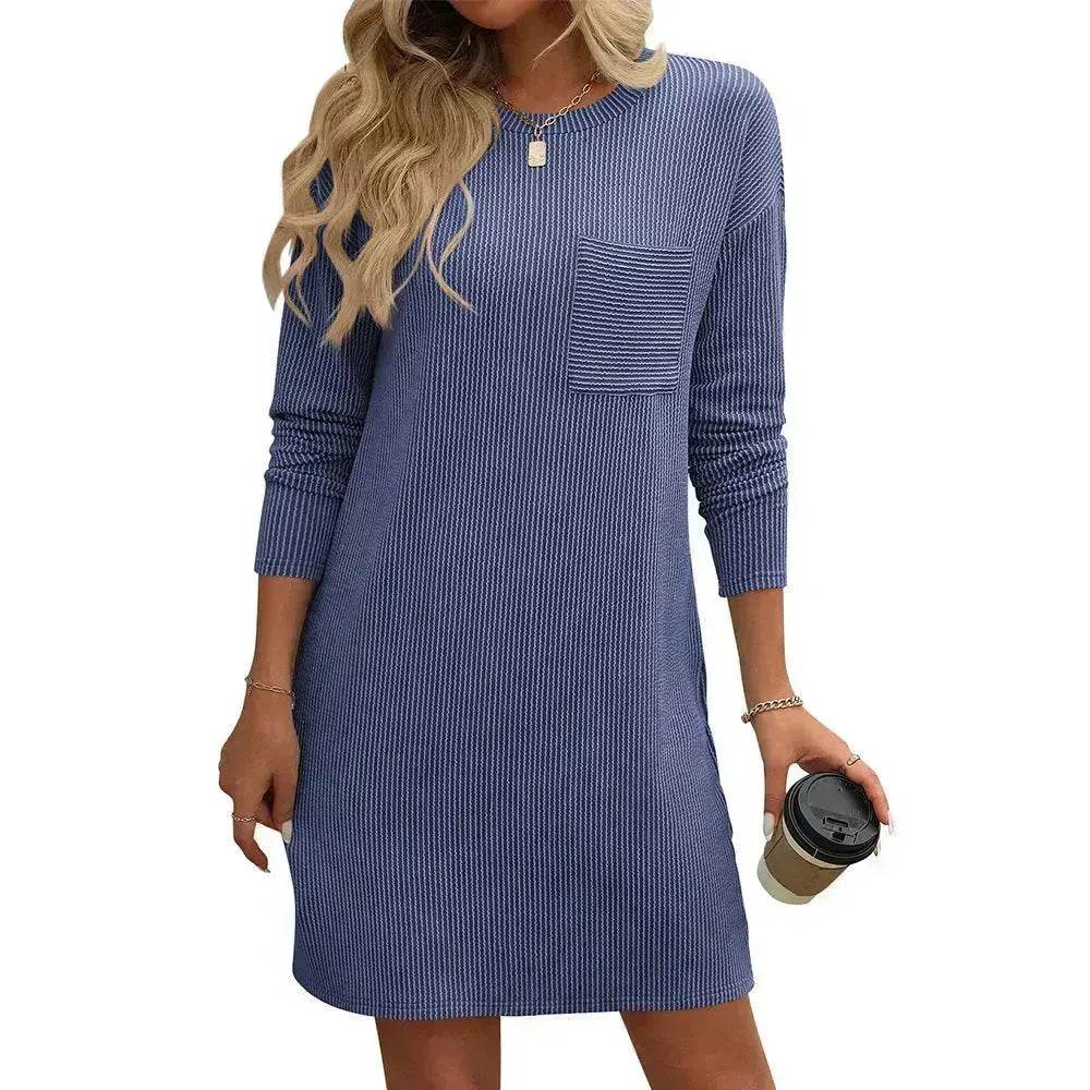Casual New Solid Color Striped With Pockets Long Sleeve Loose Mini Dress Fashion Round Neck Straight Dress Women's Clothing - EX-STOCK Canada