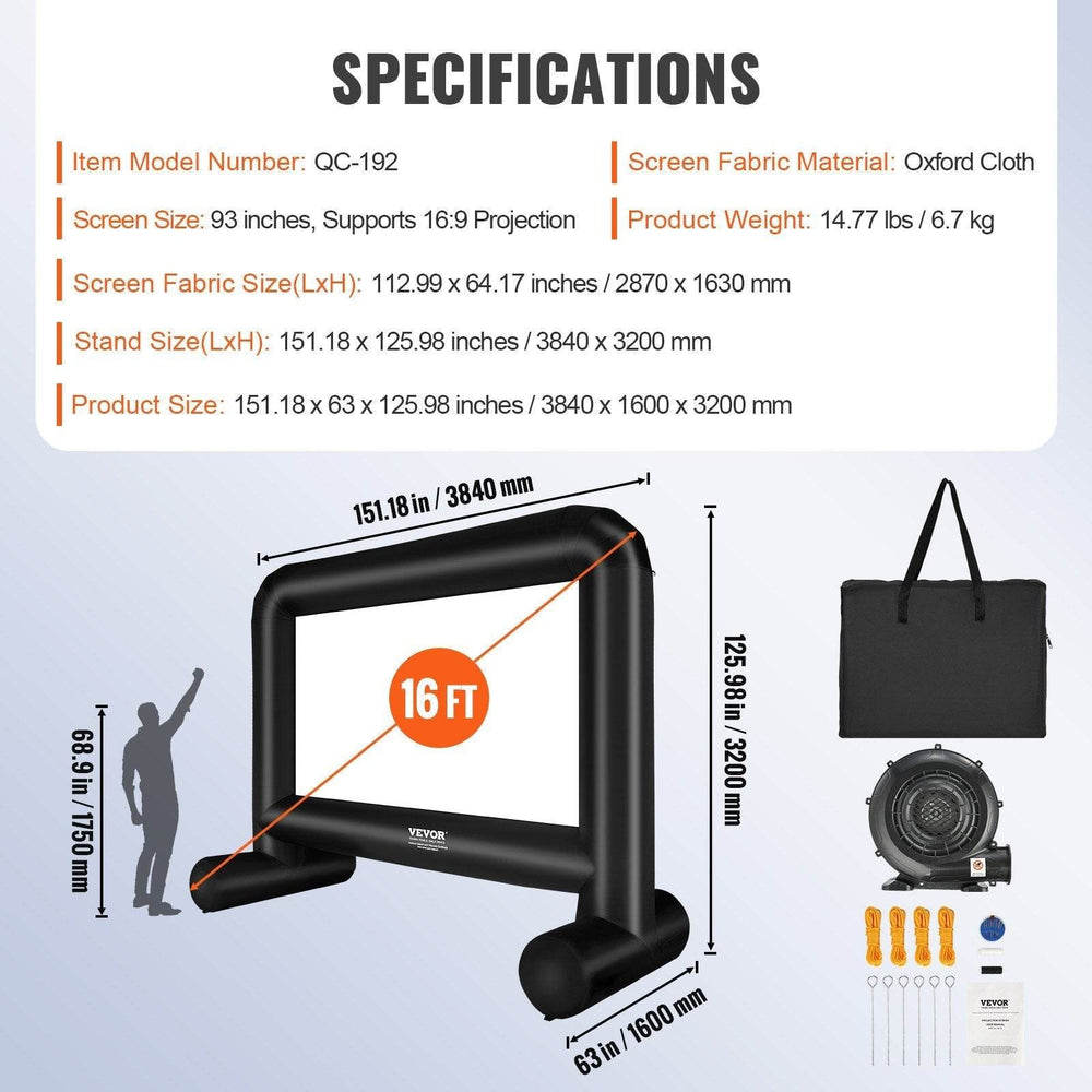 Inflatable Movie Screen, 16 FT Inflatable Projector Screen For Outside With Blower And Carrying Bag, Front Rear Projection, Oxford Fabric Blow Up Screen For Outdoor Parties Backyard Movie Nig - EX-STOCK Canada