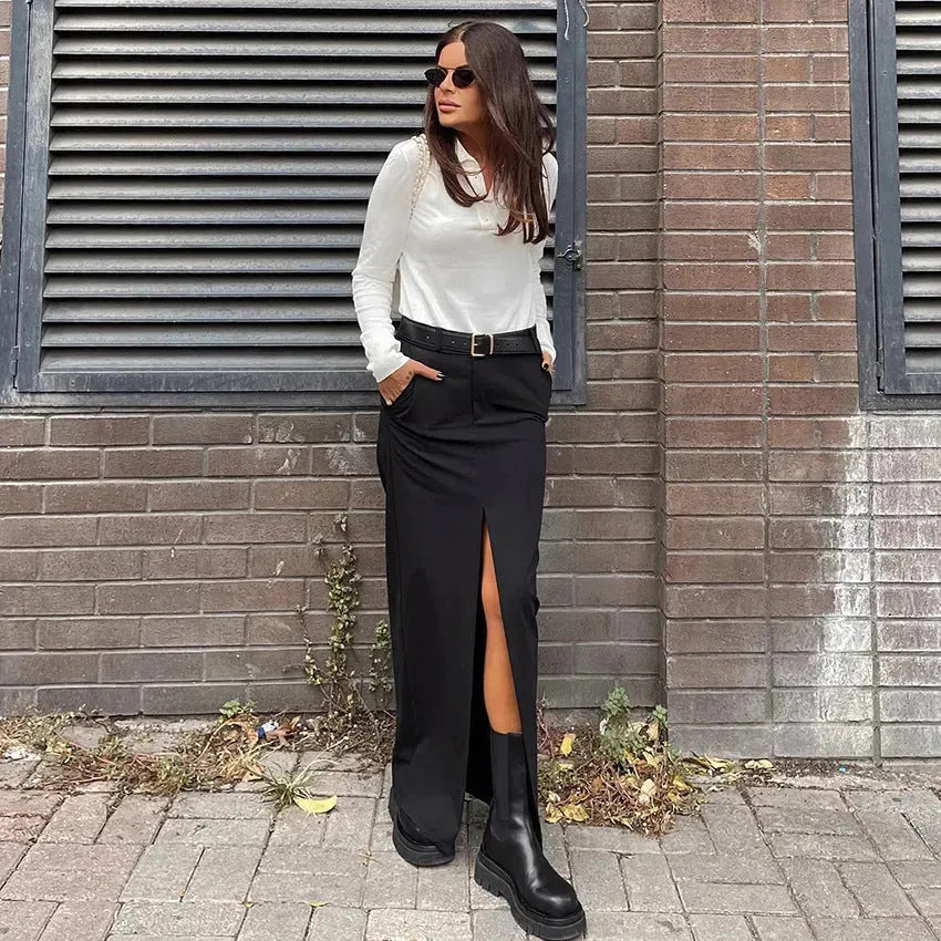 Women's Retro Casual Black High Waist Long front Split Skirt - EX-STOCK CANADA