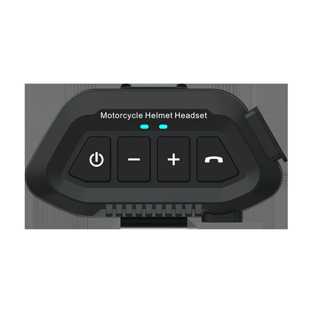 Black motorcycle helmet headset control module with four buttons and LED indicators, shown against a dark gray textured background.
